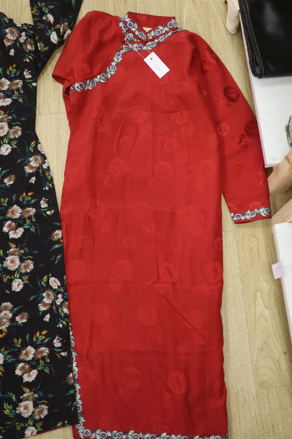 A red silk damask Chinese robe (altered), a 1950s jacket and a cotton dress